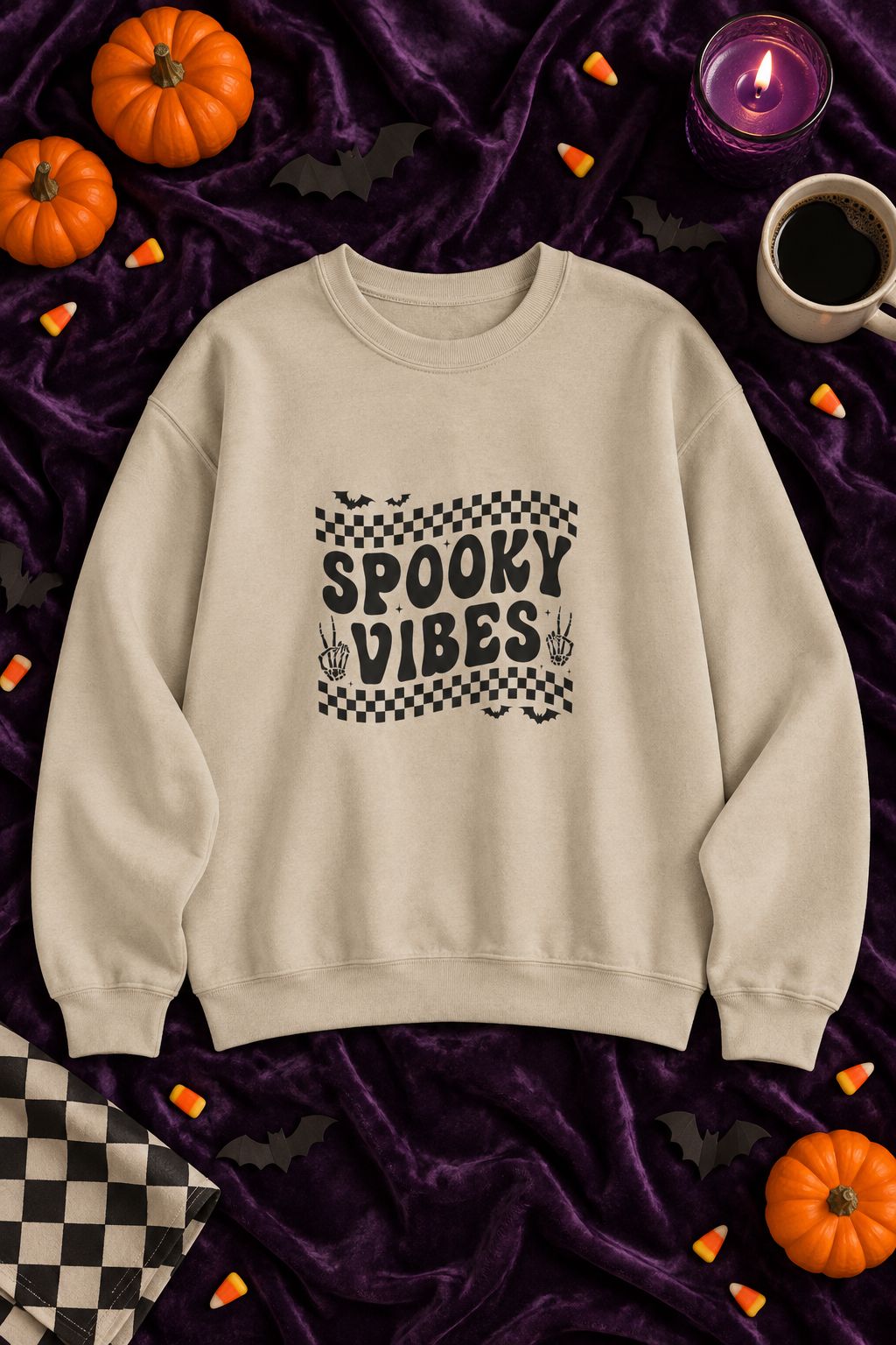 Spooky Vibes Retro Checkerboard crewneck sweatshirt in sand with checkerboard Spooky Vibes graphic, styled flat lay with pumpkins, candy corn, bats and a purple candle