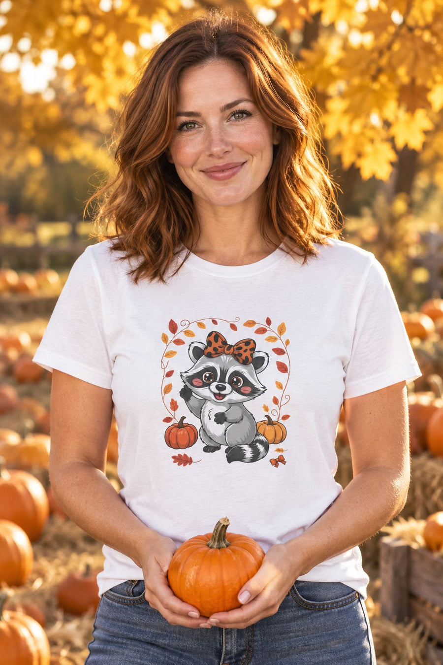 Person wearing the Cute Fall Raccoon t-shirt in white with leopard bow raccoon graphic in a fall setting