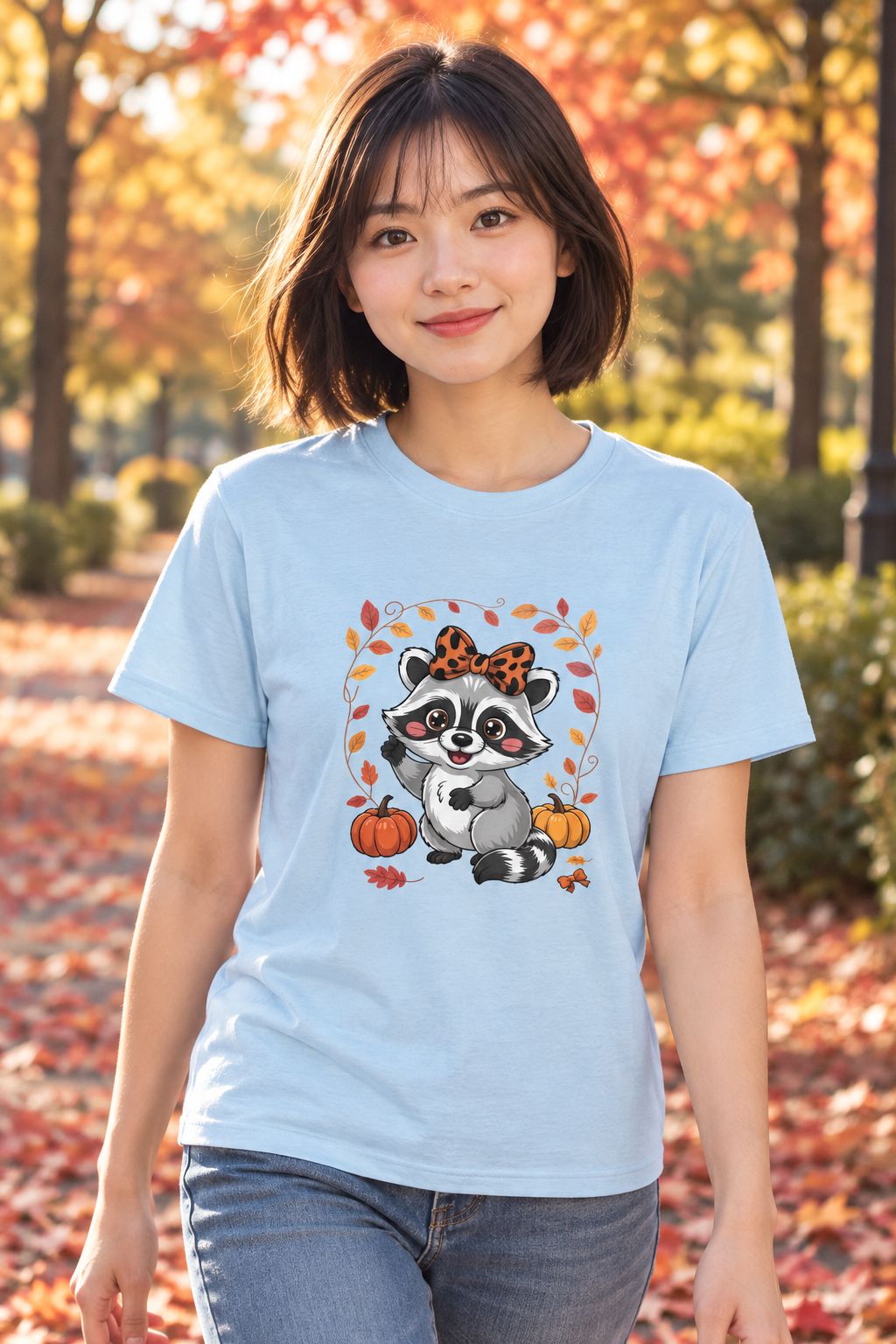 Person wearing the Cute Fall Raccoon t-shirt in light blue with leopard bow raccoon graphic in a fall setting