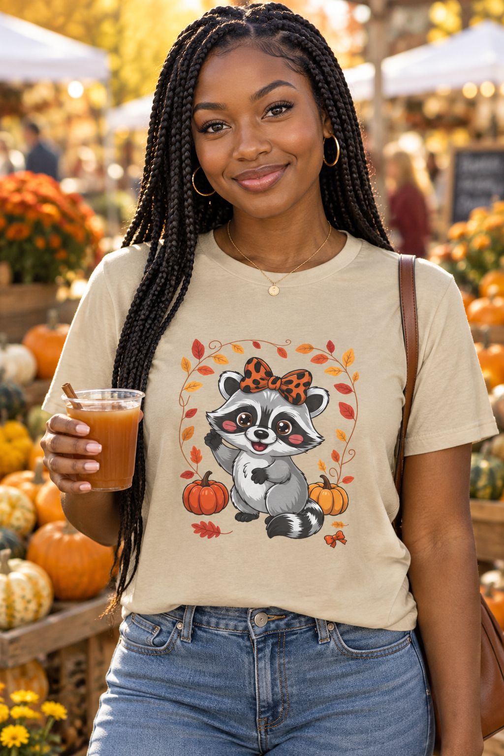 Person wearing the Cute Fall Raccoon t-shirt in sand with leopard bow raccoon graphic in a fall setting