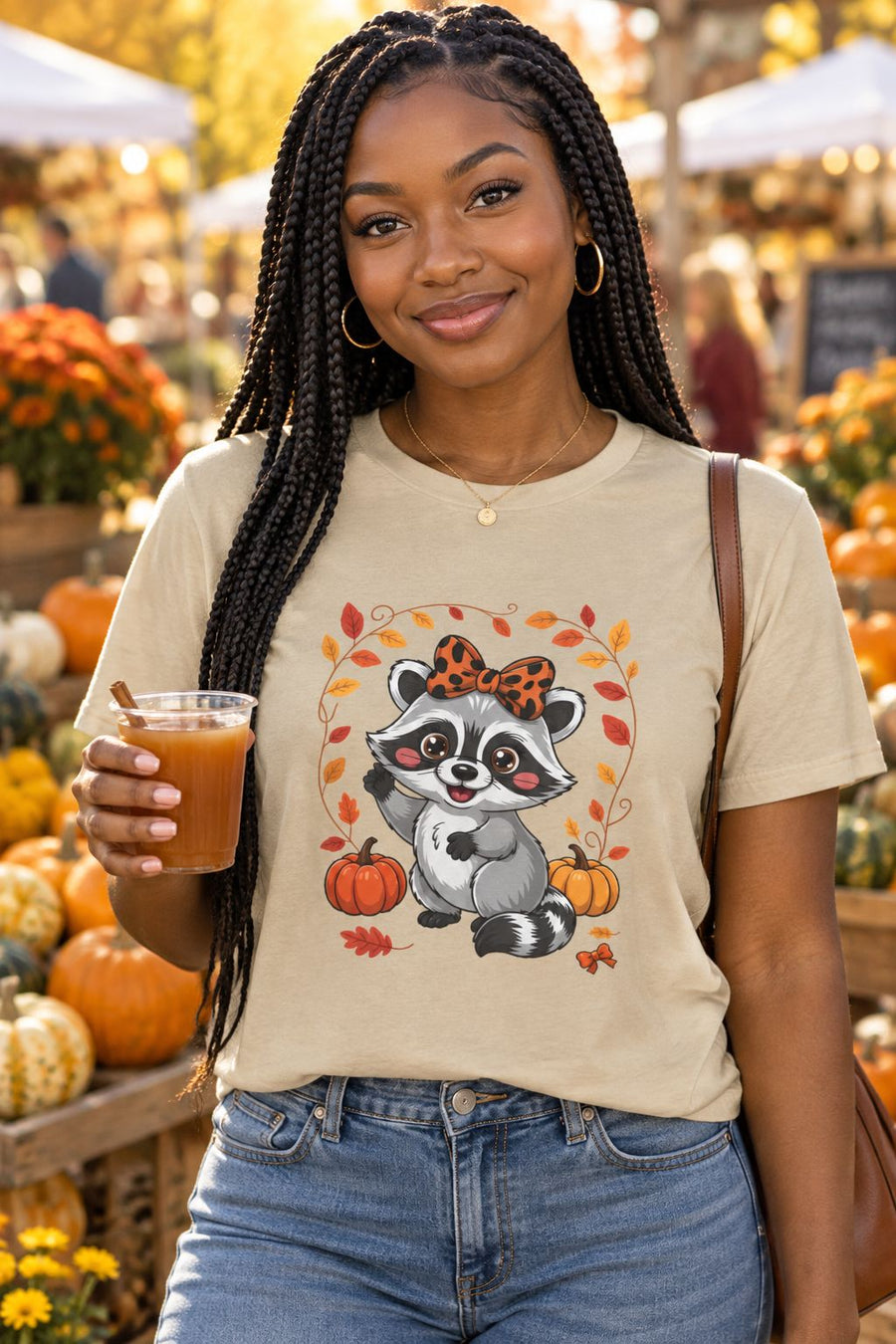 Person wearing the Cute Fall Raccoon t-shirt in sand with leopard bow raccoon graphic in a fall setting