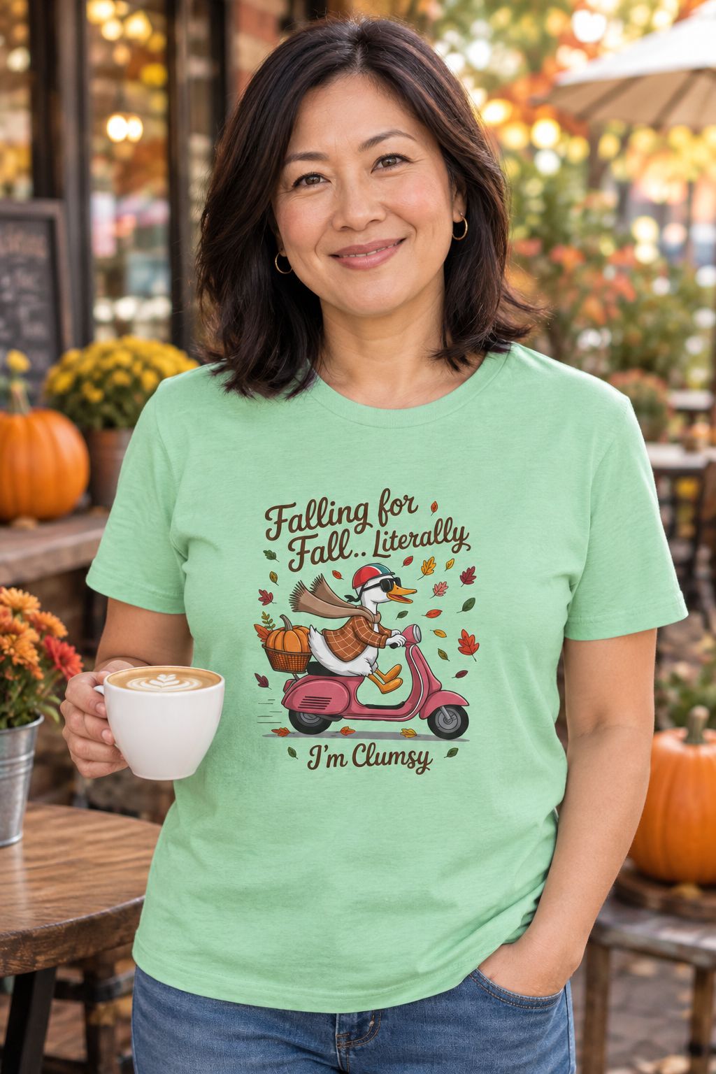 Person wearing the Falling for Fall Literally I'm Clumsy t-shirt in mint green with goose on a scooter graphic in a fall setting