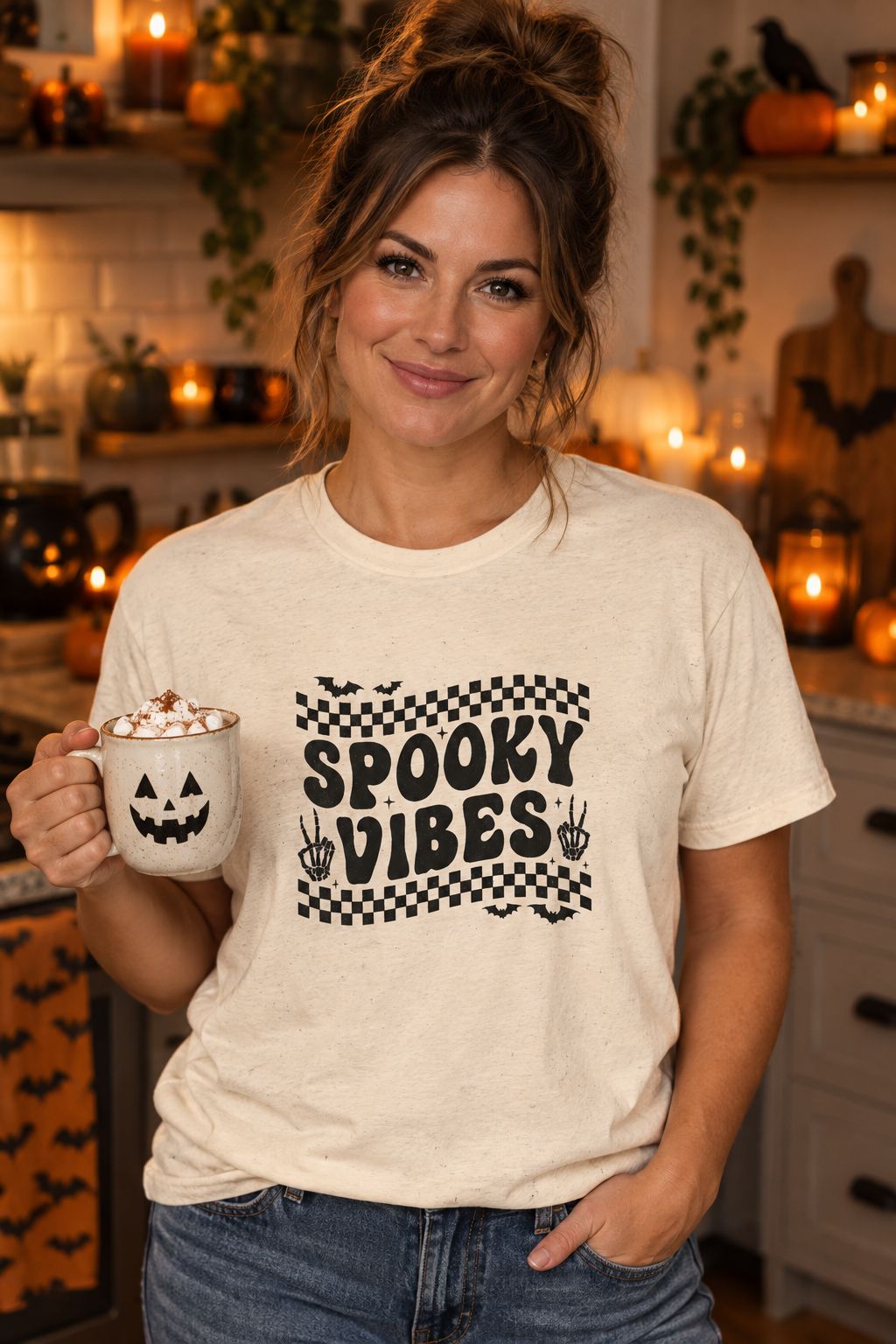 Person wearing the Spooky Vibes Retro Checkerboard t-shirt in natural with checkerboard Spooky Vibes graphic in a fall setting