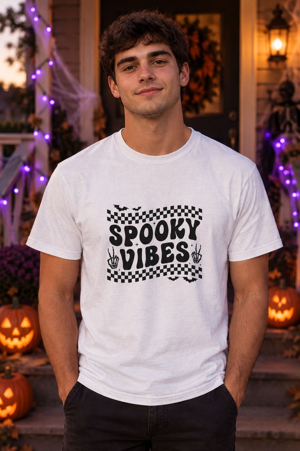 Person wearing the Spooky Vibes Retro Checkerboard t-shirt in white with checkerboard Spooky Vibes graphic in a fall setting