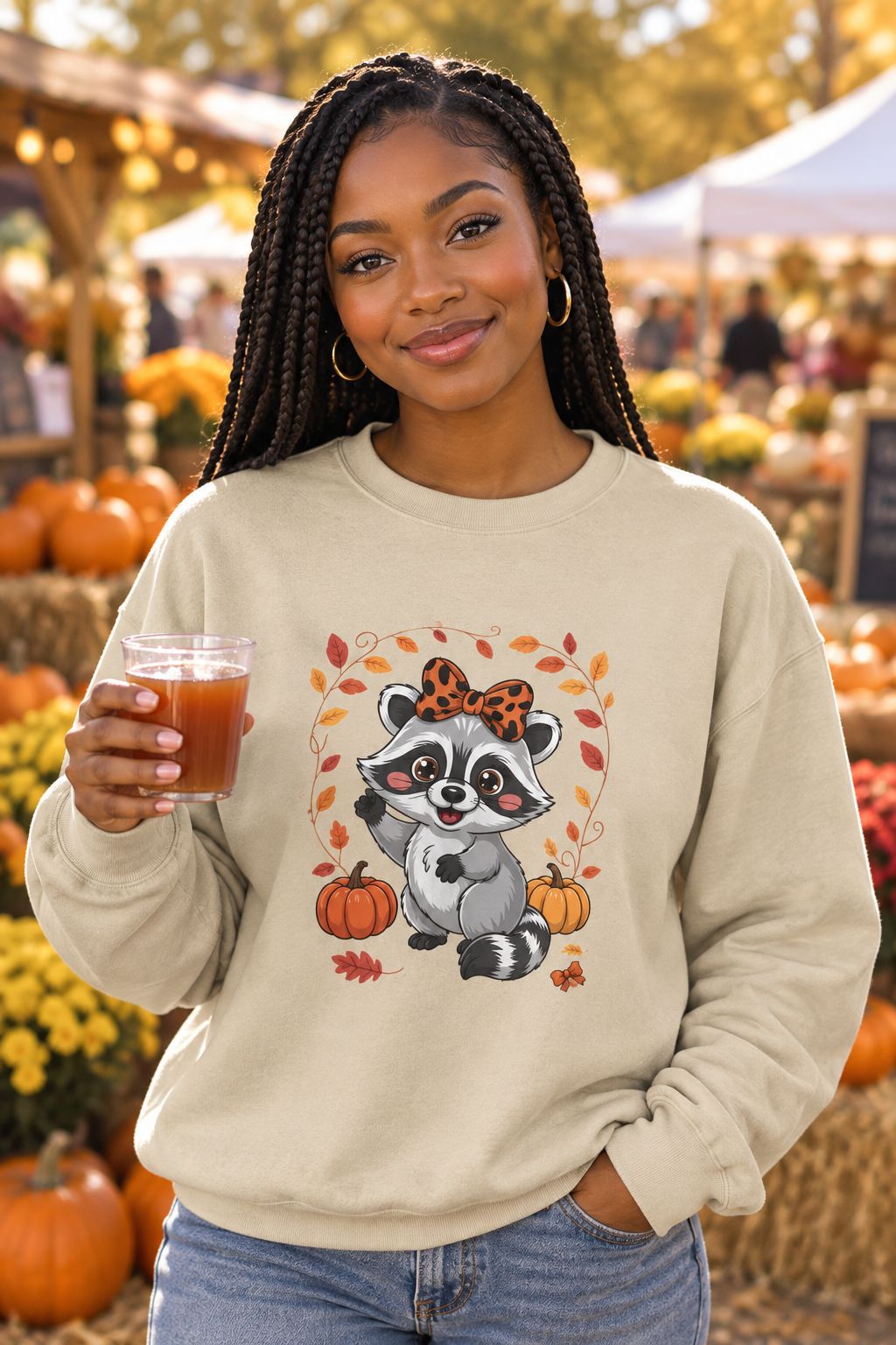 Person wearing the Cute Fall Raccoon crewneck sweatshirt in sand with leopard bow raccoon graphic in a fall setting
