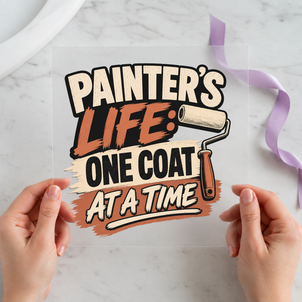 Painter's Life One Coat at a Time DTF transfer mockup with paint roller design for a painter gift