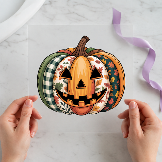 Patchwork Jack-o'-Lantern individual product photo included in the Halloween Volume 15 five-pack DTF transfer bundle
