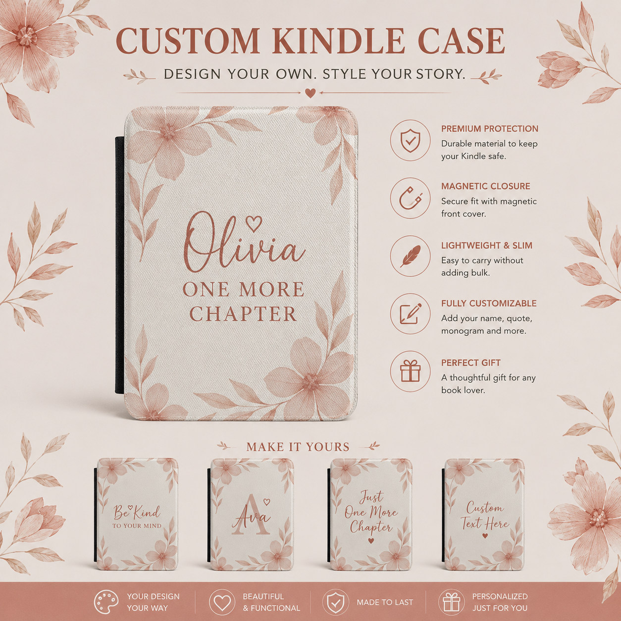 Custom Kindle Case | Personalized Reader Cover with floral design and customizable name and quote in soft pink tones.