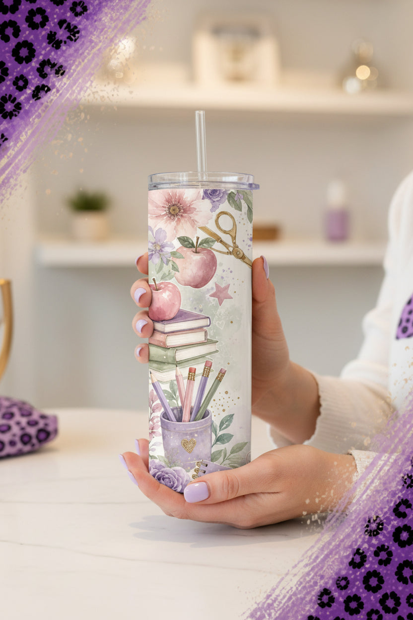 Personalized purple floral teacher tumbler with books, apples, pencils and school supplies