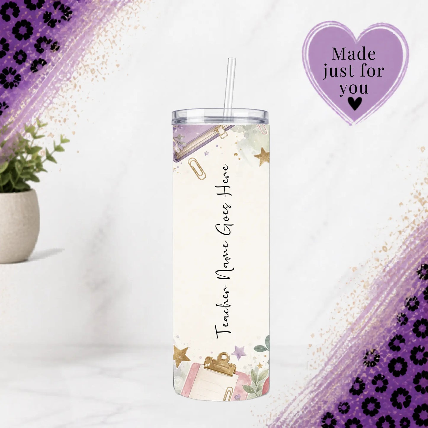 Personalized teacher name shown vertically on a purple floral 20 oz tumbler
