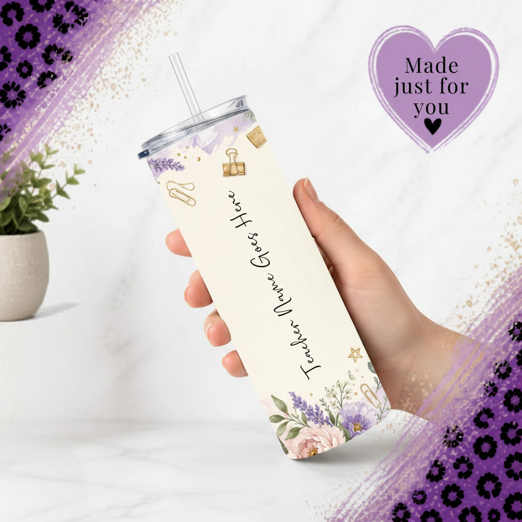 Personalized purple floral teacher tumbler showing the custom teacher name area