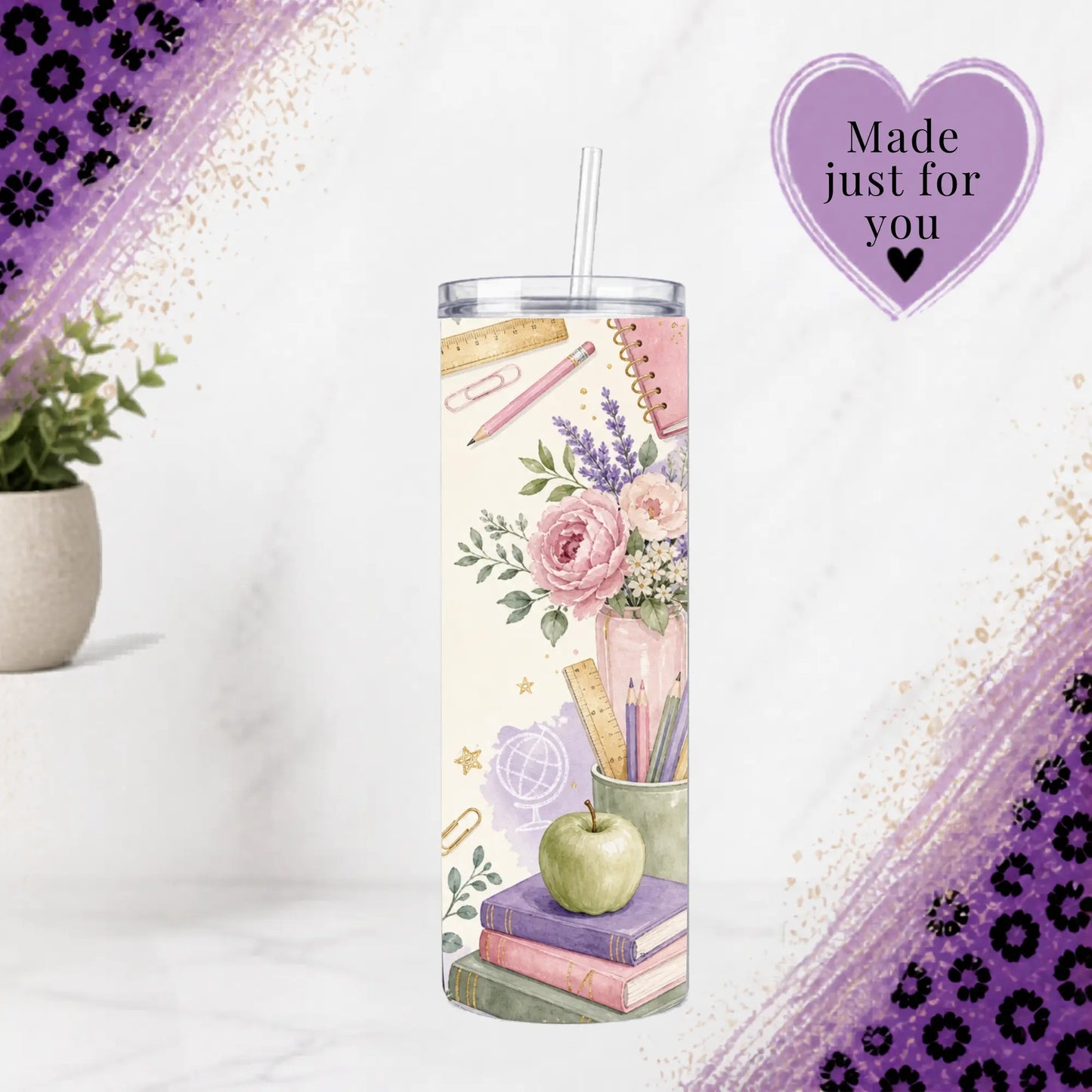 Personalized teacher tumbler side view with flowers, apples, books and classroom supplies
