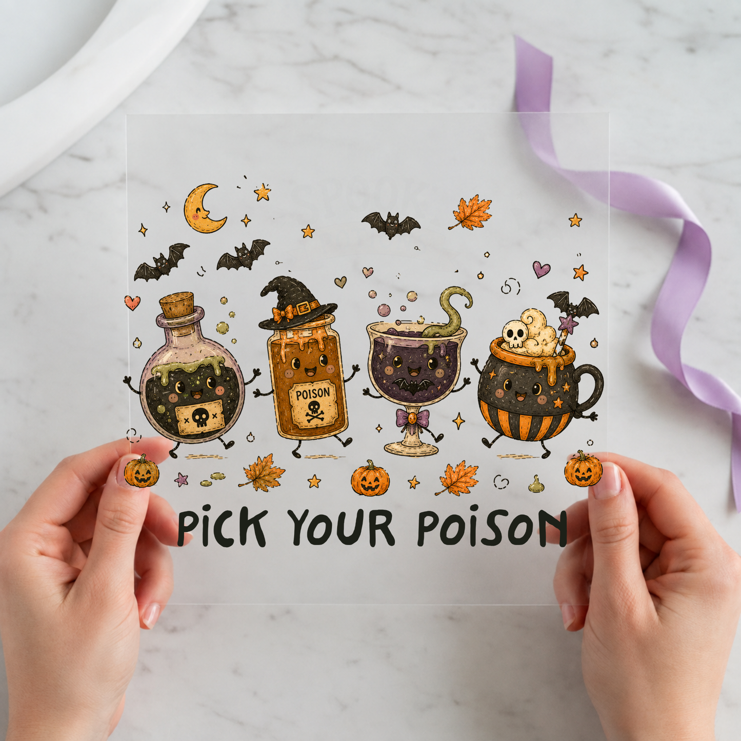 Pick Your Poison Halloween Drinks featuring row of whimsical potion, coffee and cauldron drinks on a 12x12 ready-to-press DTF heat transfer