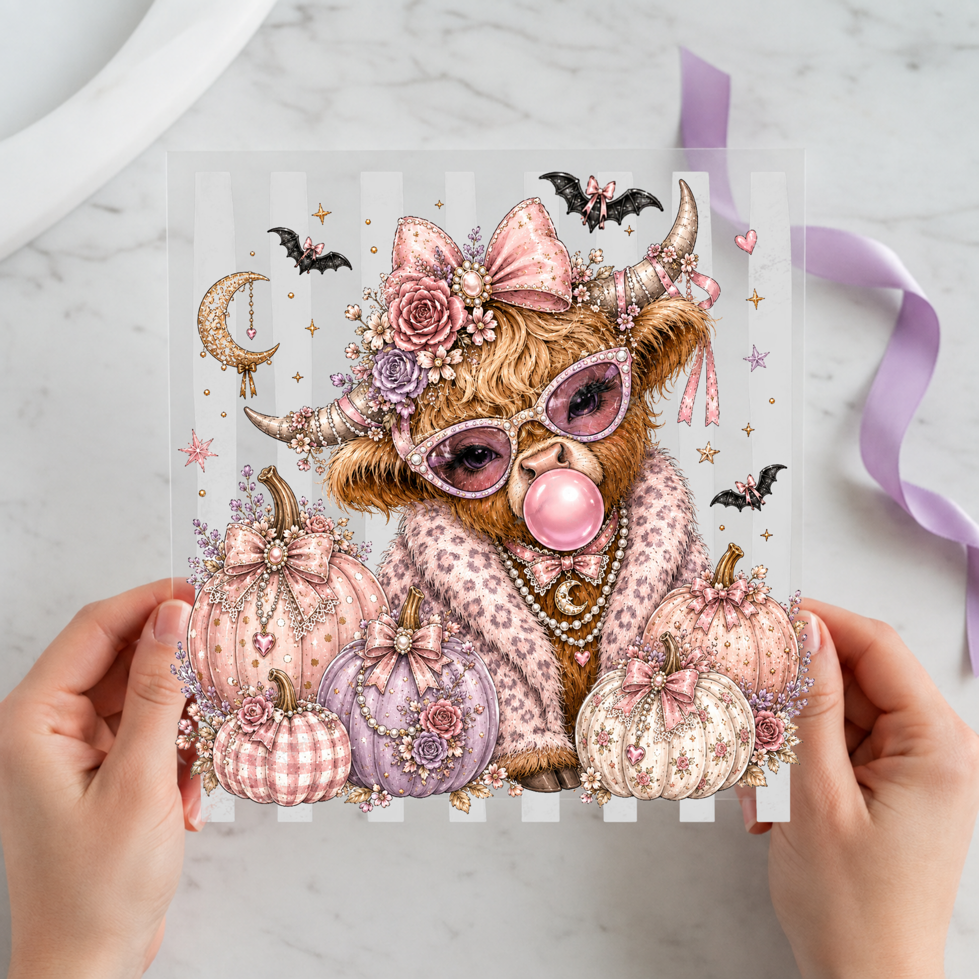 Pink Bow Cow Bubblegum Pumpkins featuring brown cow in sunglasses blowing bubblegum among pink bow pumpkins on a 12x12 ready-to-press DTF heat transfer
