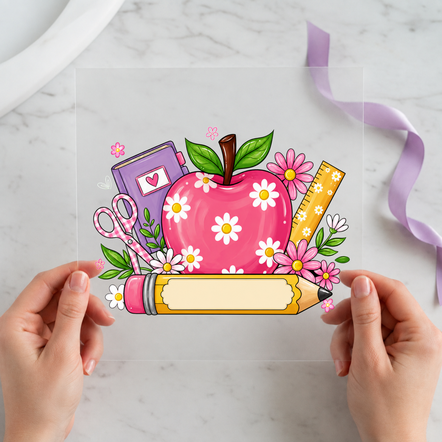Pink Floral Teacher Apple Supplies featuring pink daisy apple with pencils, scissors, ruler and yellow pencil on a 12x12 ready-to-press DTF heat transfer