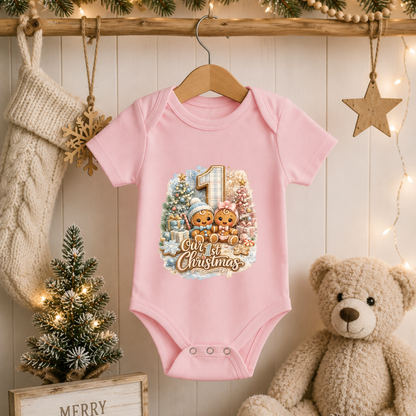 First Christmas Twin Baby Bodysuit for Boy Infant Bodysuit Outfit showing two adorable gingerbread babies representing a boy and girl celebrating their first Christmas together
