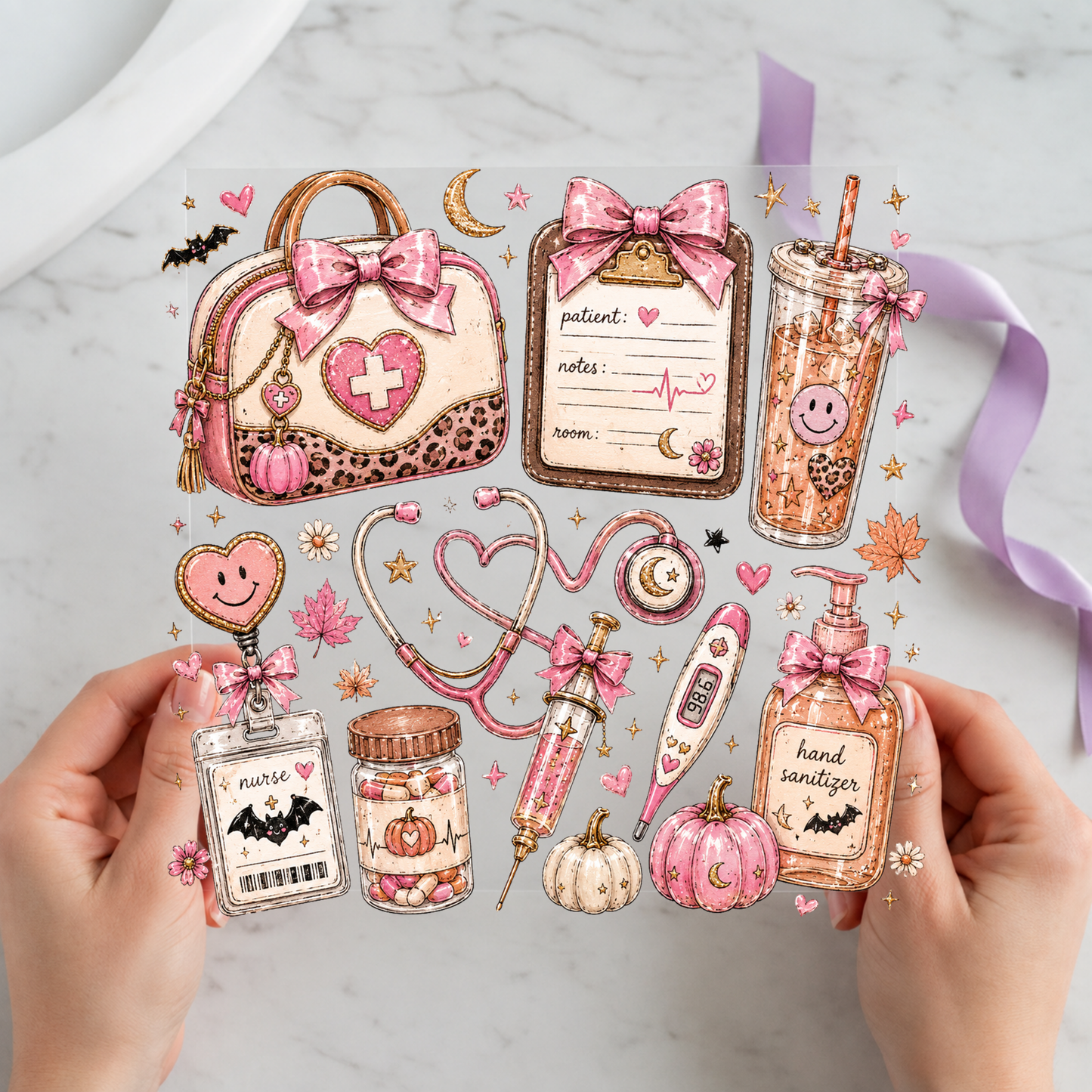 Pink Halloween Nurse Essentials featuring pink medical bag, stethoscope, clipboard, iced drink and Halloween medicine on a 12x12 ready-to-press DTF heat transfer