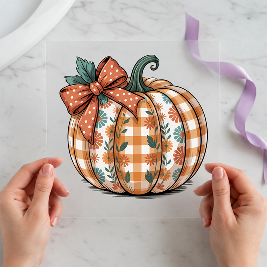 Plaid Pumpkin with Bow individual product photo included in the Halloween Volume 6 five-pack DTF transfer bundle