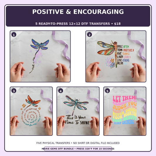Positive & Encouraging five-pack 12x12 ready-to-press DTF transfer bundle collage showing all five included designs