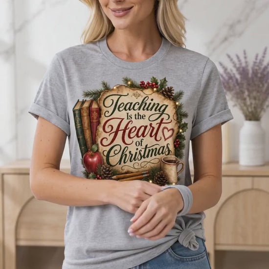 Teaching Is the Heart of Christmas Teacher T-Shirt product video showing the design and details