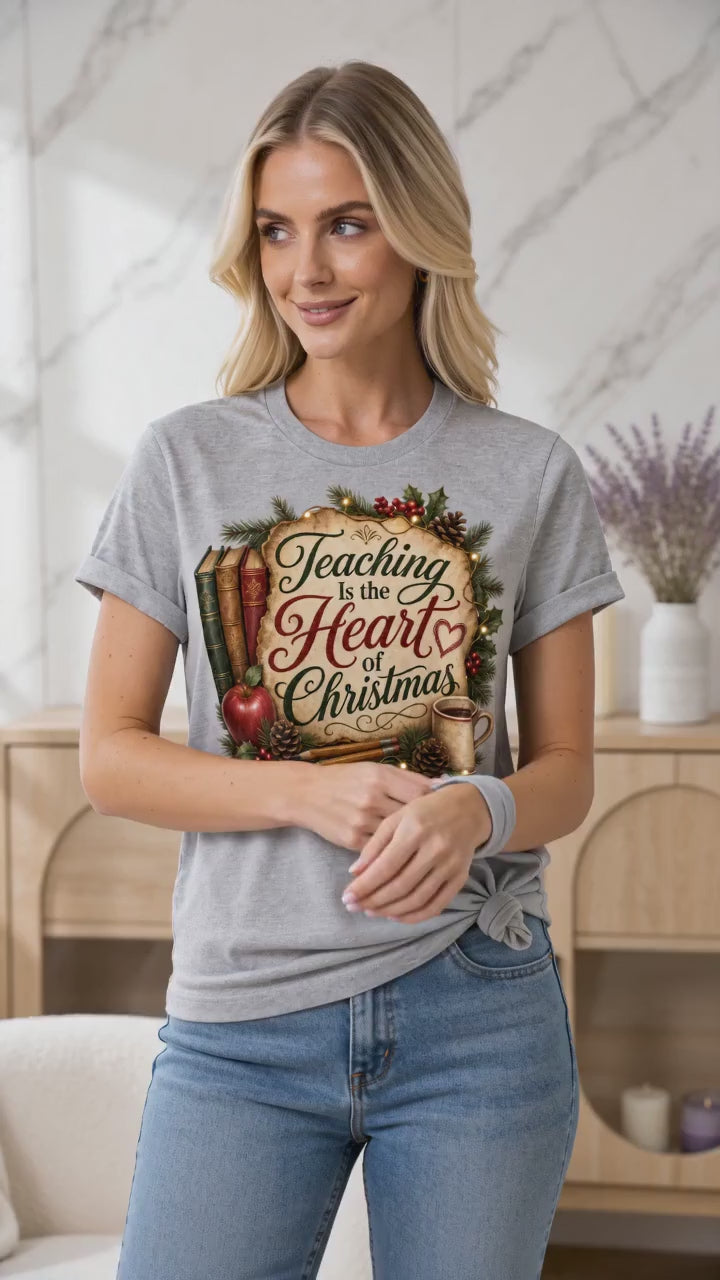 Teaching Is the Heart of Christmas Teacher T-Shirt product video showing the design and details