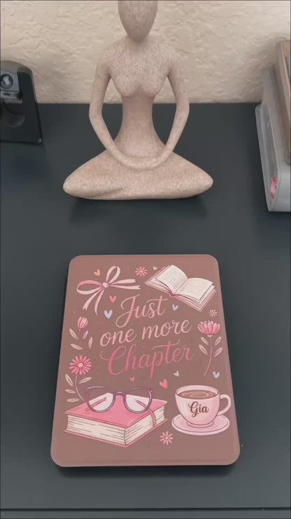 Happy customer displaying her custom Kindle case personalized with a unique reader-inspired design.
