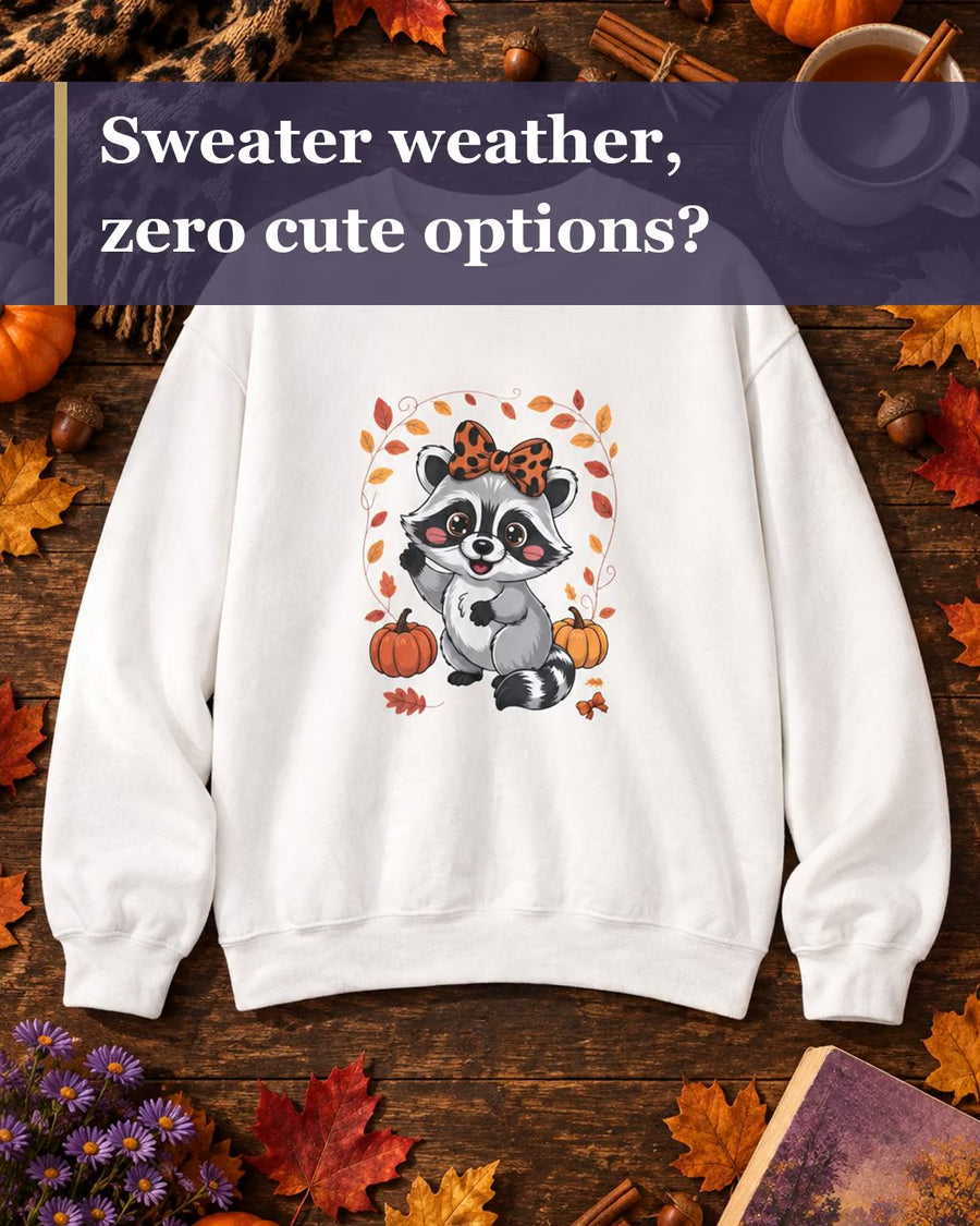 Short video of Cute Fall Raccoon Sweatshirt | Leopard Bow Raccoon Pumpkin Crewneck | Cozy Fall Gift for Women