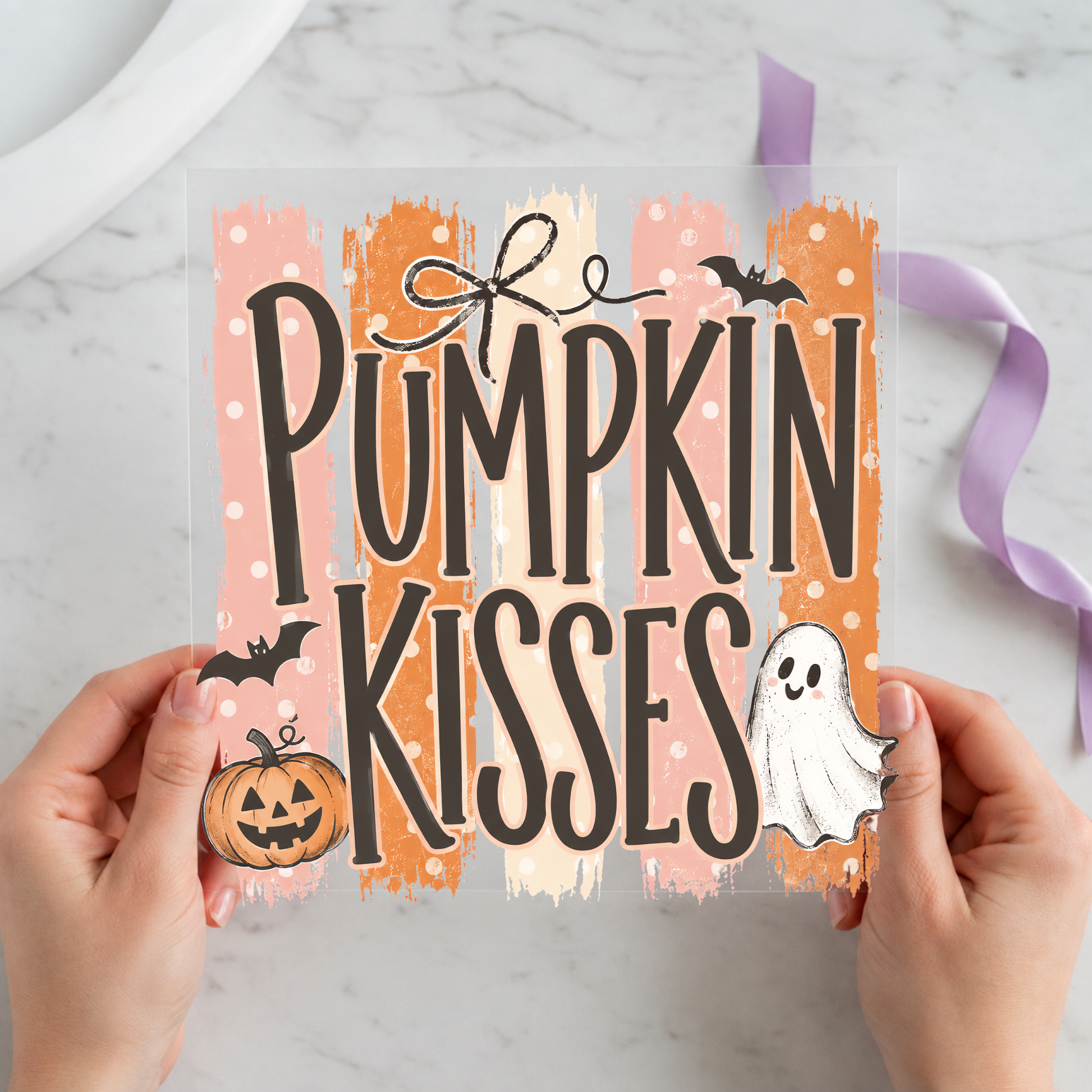 Pumpkin Kisses Ghost featuring large Pumpkin Kisses lettering with jack-o-lantern and small ghost on a 12x12 ready-to-press DTF heat transfer