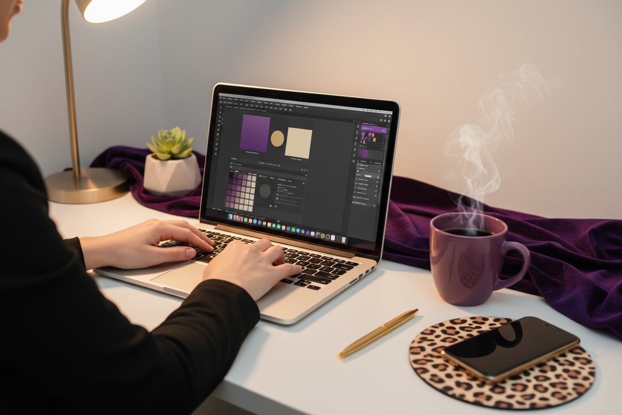Purple and cheetah print workspace scene
