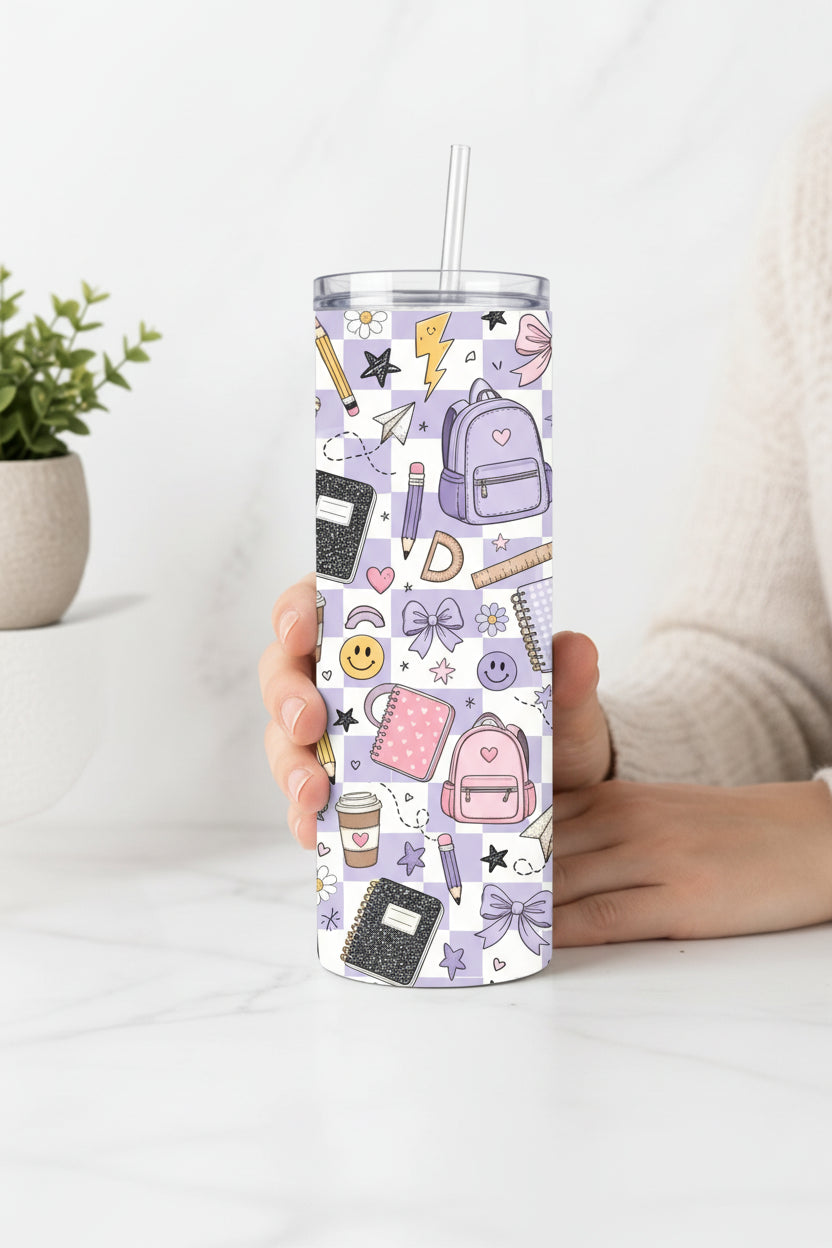 Purple checkered school supplies 20 oz student tumbler with backpacks, notebooks, pencils and smiley faces