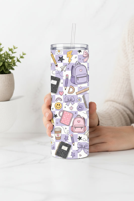 Purple Checkered Handmade 20 oz Stainless Steel Tumbler showing purple checkered 20 oz tumbler artwork with aesthetic tumblers for school, 20 oz skinny tumbler, back to school gift
