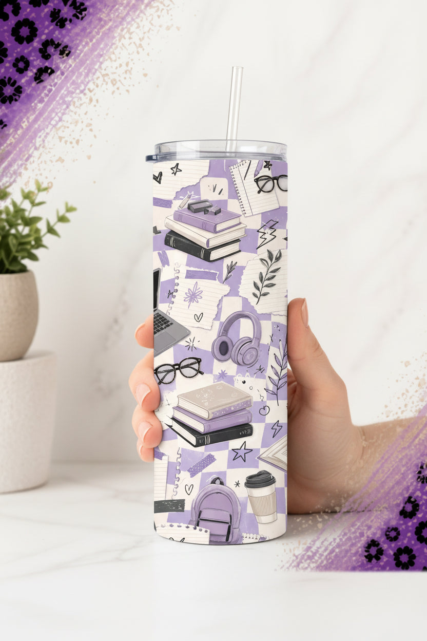 Purple college student aesthetic 20 oz tumbler with books, headphones, laptop, backpack and coffee