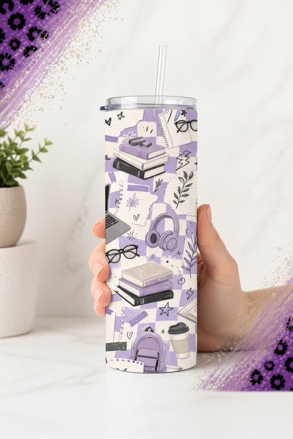 Purple College Student 20 oz Stainless Steel Tumbler showing purple college student 20 oz tumbler artwork with aesthetic tumblers for school, back to school tumbler, 20 oz skinny