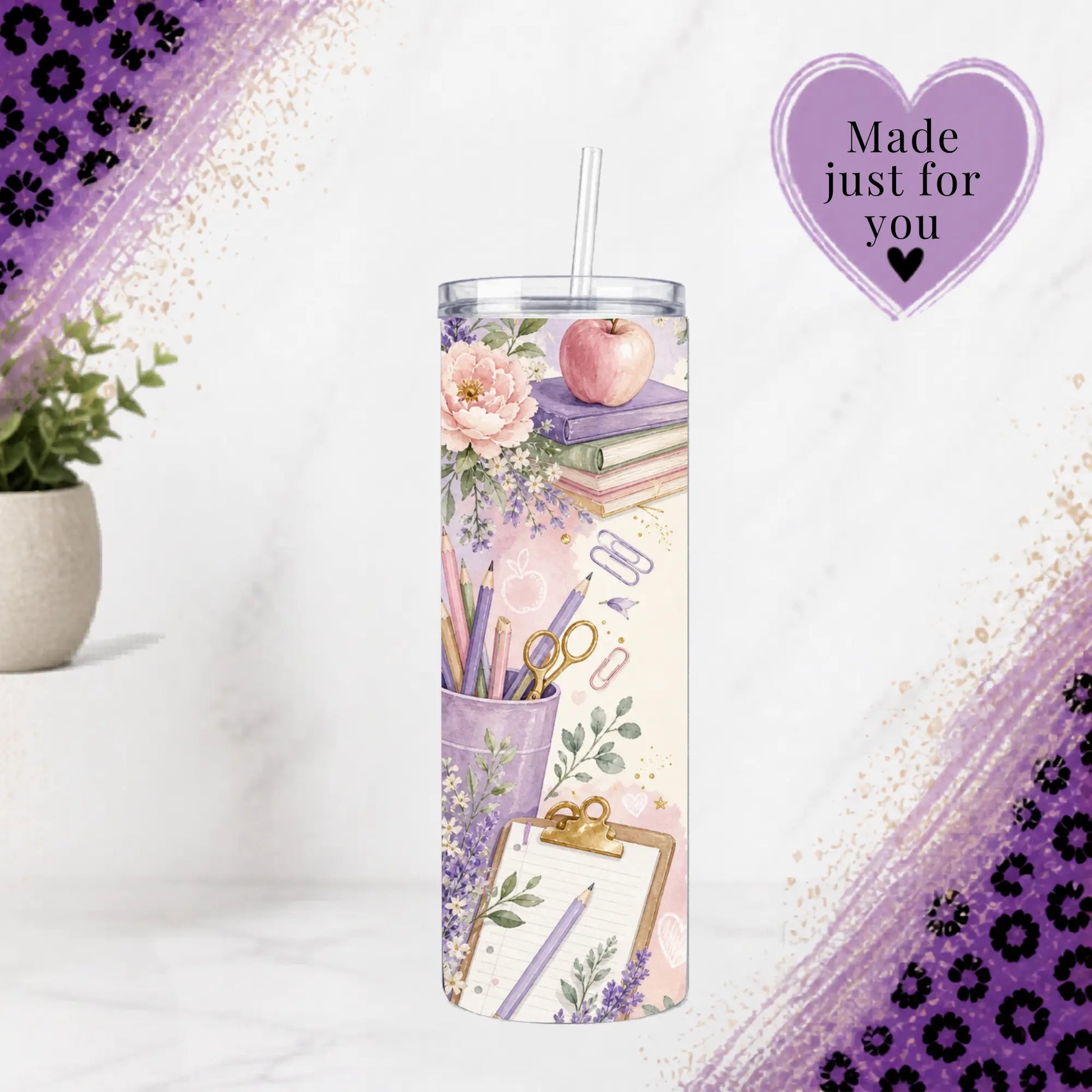 Purple and pink floral teacher tumbler with books, pencils and school supplies