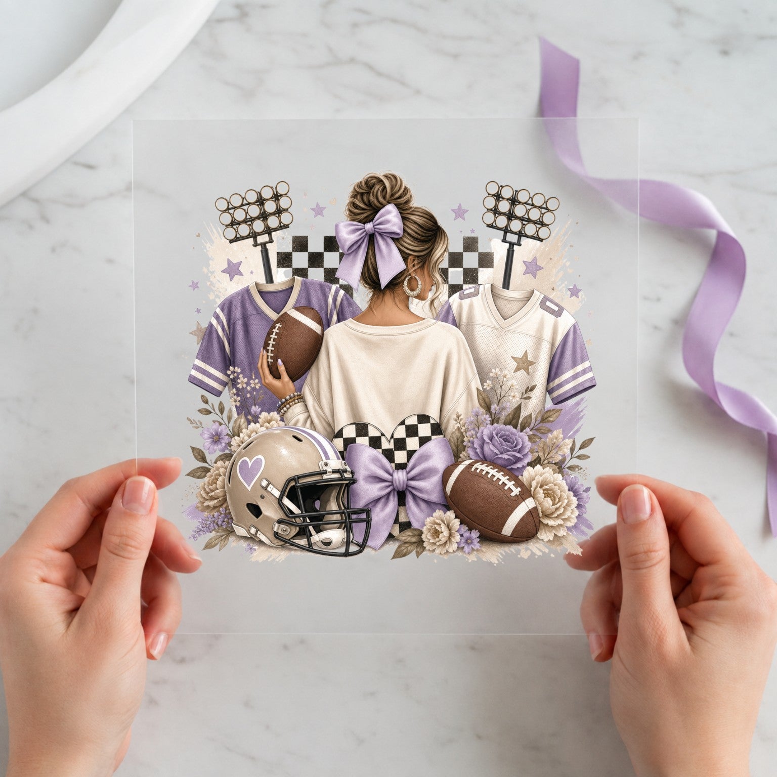 Purple football mom design with bow helmet jerseys flowers and stadium lights 12x12 DTF transfer