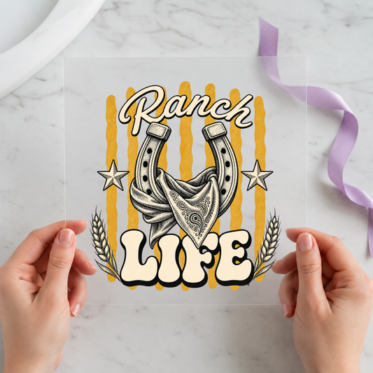 Ranch Life Horseshoe Bandana individual product photo included in the Vintage Western Cowgirl five-pack DTF transfer bundle
