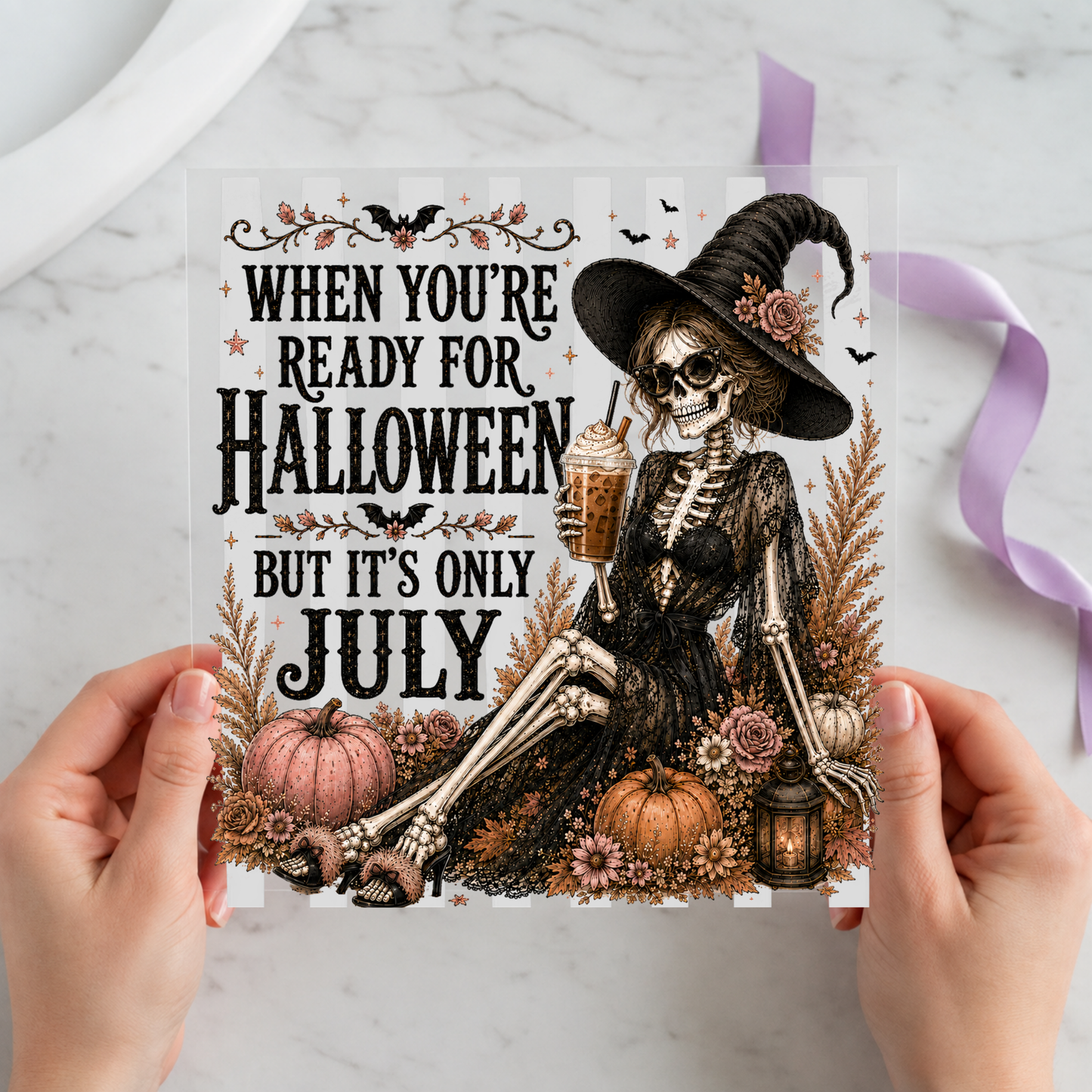 Ready for Halloween but It's Only July featuring vintage witch with pumpkins and a funny July countdown quote on a 12x12 ready-to-press DTF heat transfer