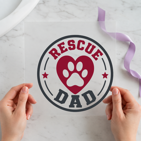 Rescue Dad DTF transfer mockup with paw and heart design for a pet rescue gift