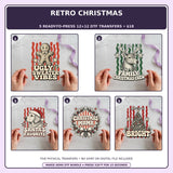 Retro Christmas five-pack 12x12 ready-to-press DTF transfer bundle collage showing all five included designs