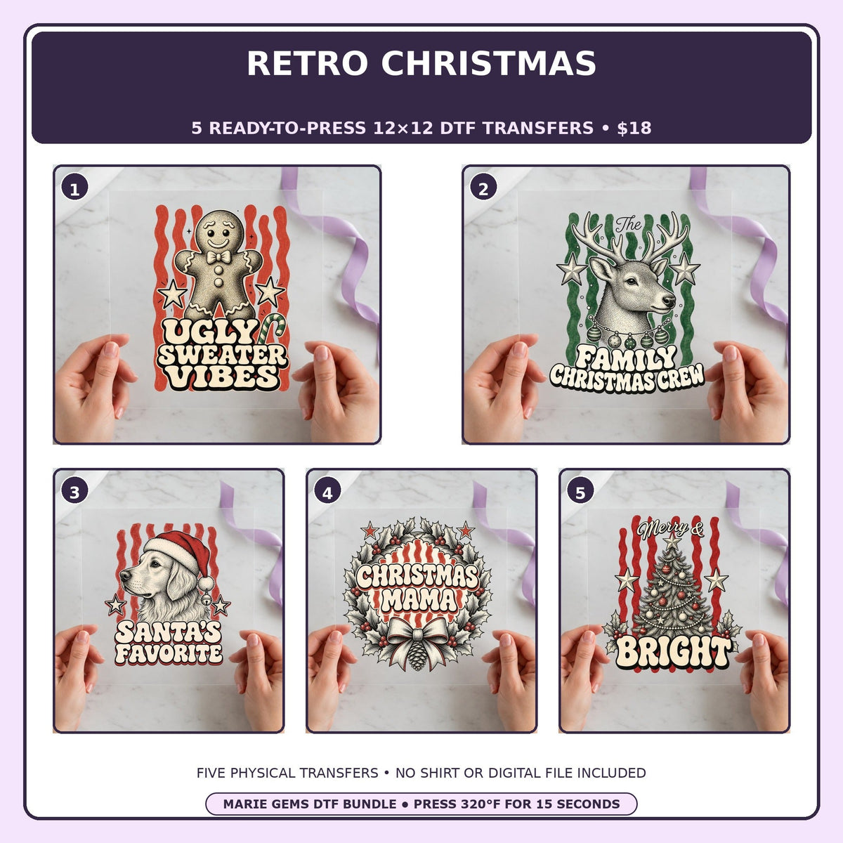 Retro Christmas five-pack 12x12 ready-to-press DTF transfer bundle collage showing all five included designs