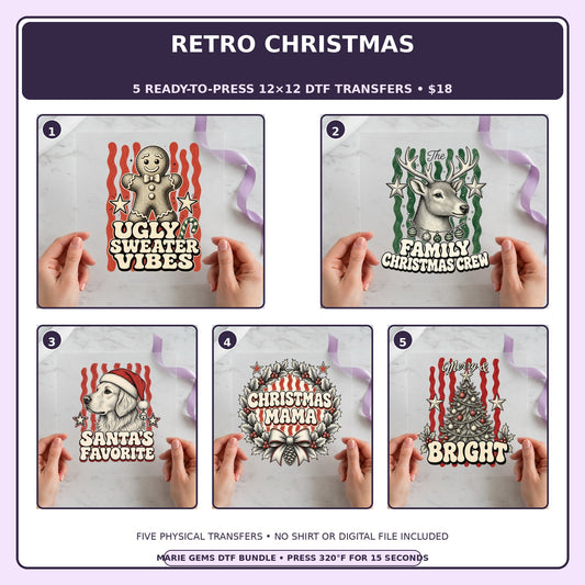 Retro Christmas five-pack 12x12 ready-to-press DTF transfer bundle collage showing all five included designs