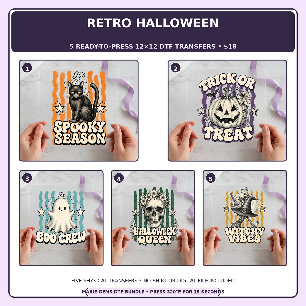 Retro Halloween five-pack 12x12 ready-to-press DTF transfer bundle collage showing all five included designs