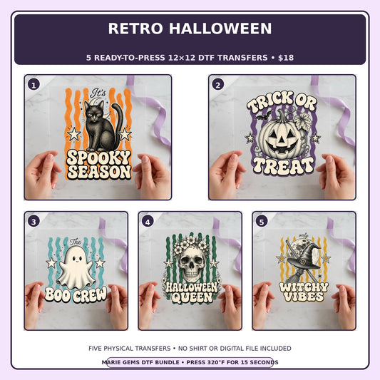 Retro Halloween five-pack 12x12 ready-to-press DTF transfer bundle collage showing all five included designs