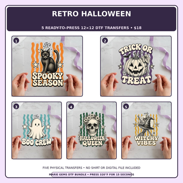 Retro Halloween five-pack 12x12 ready-to-press DTF transfer bundle collage showing all five included designs