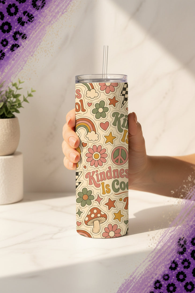 Kindness Is Cool retro 20 oz tumbler with groovy flowers, rainbows, peace signs and mushrooms