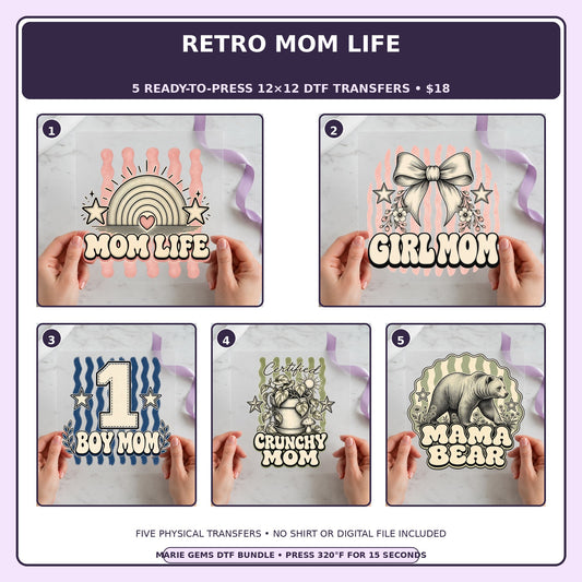 Retro Mom Life five-pack 12x12 ready-to-press DTF transfer bundle collage showing all five included designs