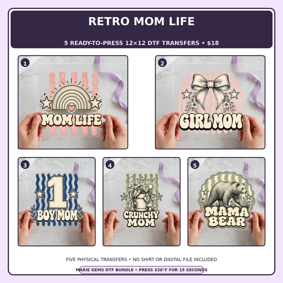 Retro Mom Life five-pack 12x12 ready-to-press DTF transfer bundle collage showing all five included designs
