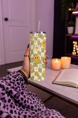 Retro Smiley Face Handmade 20 oz Stainless Steel Tumbler showing a wavy sage green checkerboard background, adorable melting smiley faces, vintage daisies, stars, and warm earthy