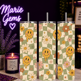 Retro Smiley Face Handmade 20 oz Stainless Steel Tumbler showing a wavy sage green checkerboard background, adorable melting smiley faces, vintage daisies, stars, and warm earthy