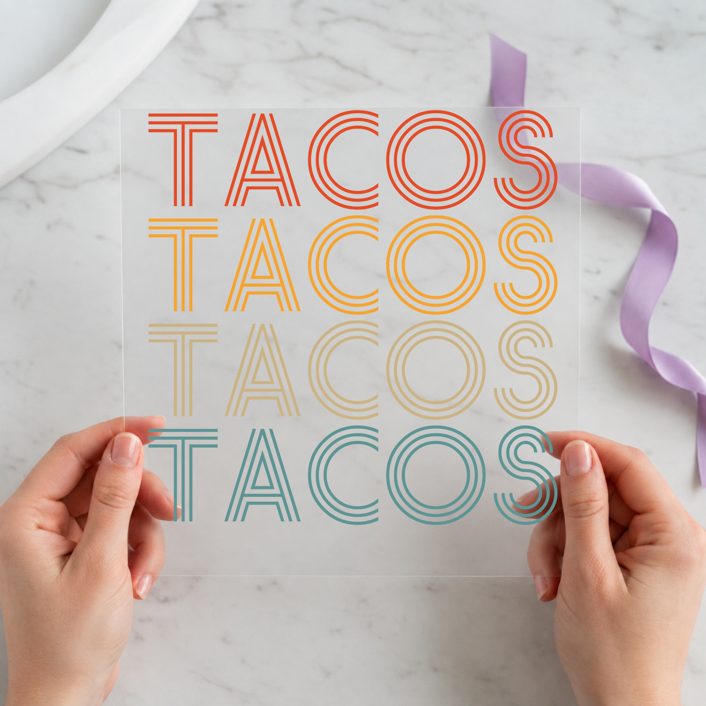 Retro Tacos Typography featuring four outlined Tacos words in orange, coral, yellow and teal on a 12x12 ready-to-press DTF heat transfer